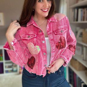 NEW BOUTIQUE CORDUROY SHACKET WITH SEQUIN HEARTS